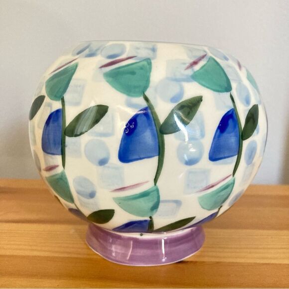 Anthropologie Vase Hand Painted Abstract Floral Blue Purple Green - Picture 5 of 8
